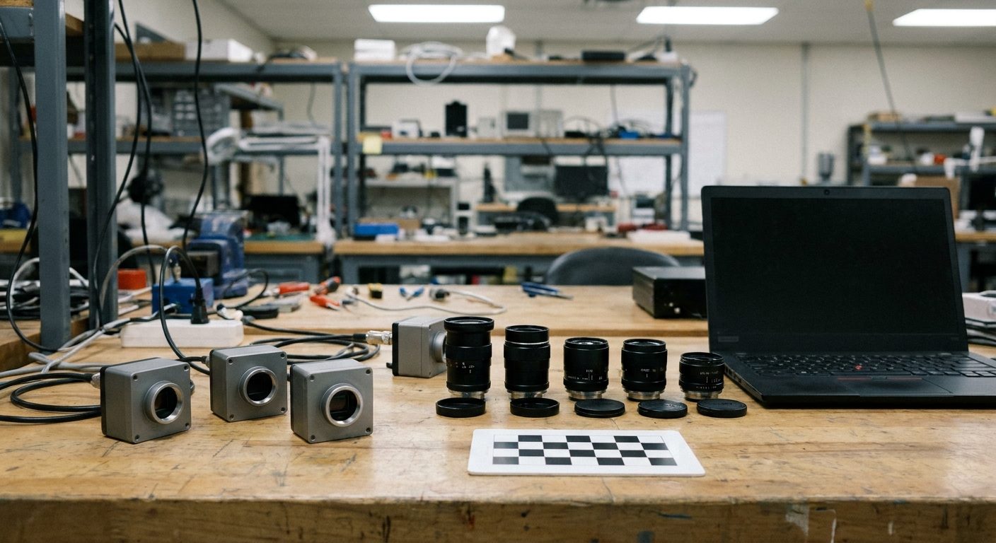 Several small industrial area scan cameras, C-mount lenses of different focal lengths and a checkerboard calibration target on an engineering workbench.