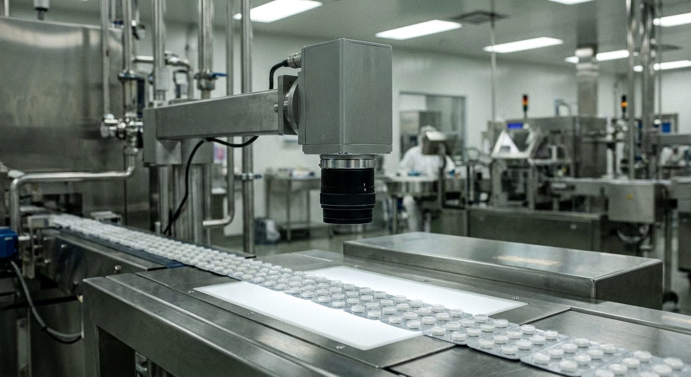 A machine vision camera inspecting sealed blister packs on a stainless steel packaging conveyor.