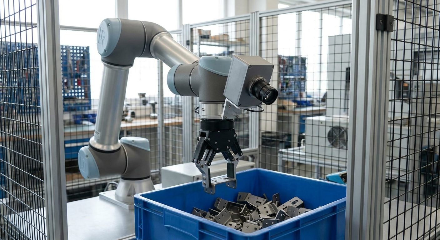 A small industrial camera mounted on the wrist of a robot arm reaching into a bin of metal brackets.