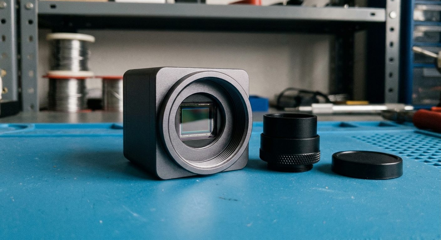 A small industrial machine vision camera with its lens removed, showing the C-mount thread and the CMOS sensor, with a lens beside it on a workbench.